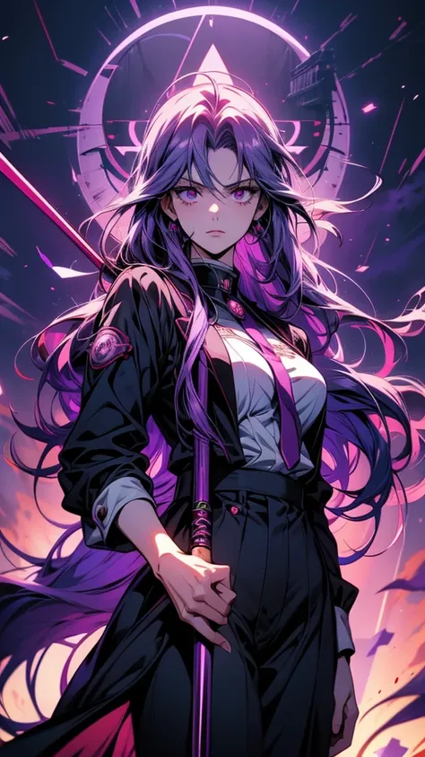 Long and purple haired anime girl holding a cane, anime style like fate/Stay Night, Hajime Yatate, mirai nikki, Gap Moe Yandere grimdark, Yoseharu Agotoge, Gap Moe Yandere, Jormungand Anime, misato katsuragi, Danganronpa digital art, nagito komaeda