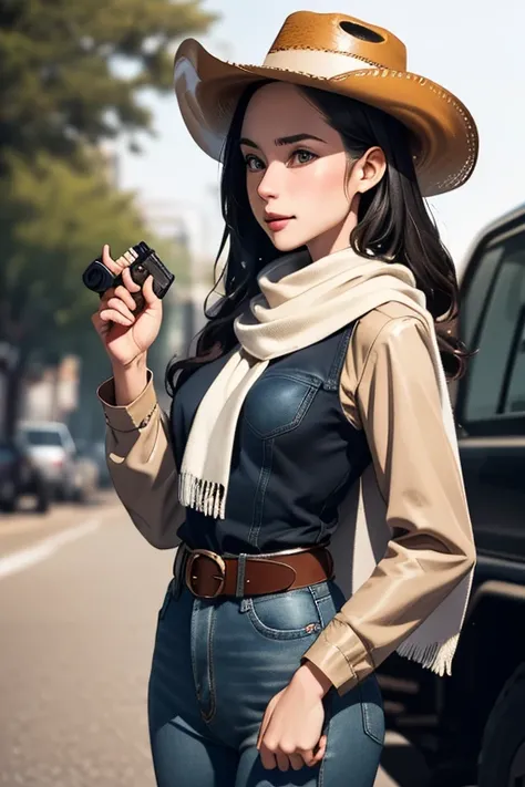 Highest quality　High resolution　Western Wilderness　Cute girl in gunfighter clothes　Ten-gallon hat　Revolver pistols　jeans　gun belt　A scarf is wrapped around the neck　