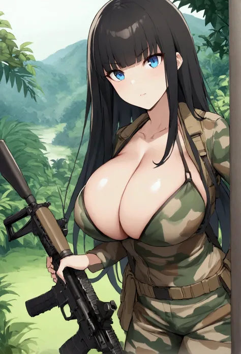 Hime cut with long black hair、Has straight bangs and blue eyes、A girl with big breasts wears camouflage in the jungle。She carries an M4 carbine rifle、Taking a firing stance。The background features a lush jungle landscape.。No dialogue