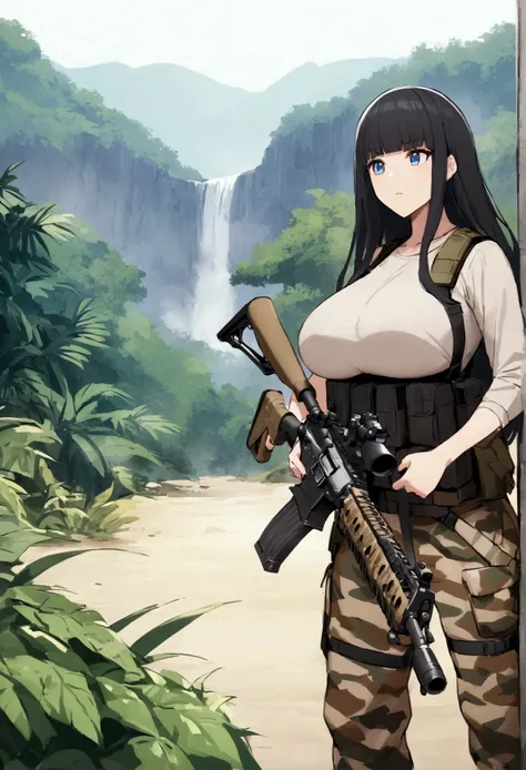 Hime cut with long black hair、Has straight bangs and blue eyes、A girl with big breasts wears camouflage in the jungle。She carries an M4 carbine rifle、Taking a firing stance。The background features a lush jungle landscape.。No dialogue