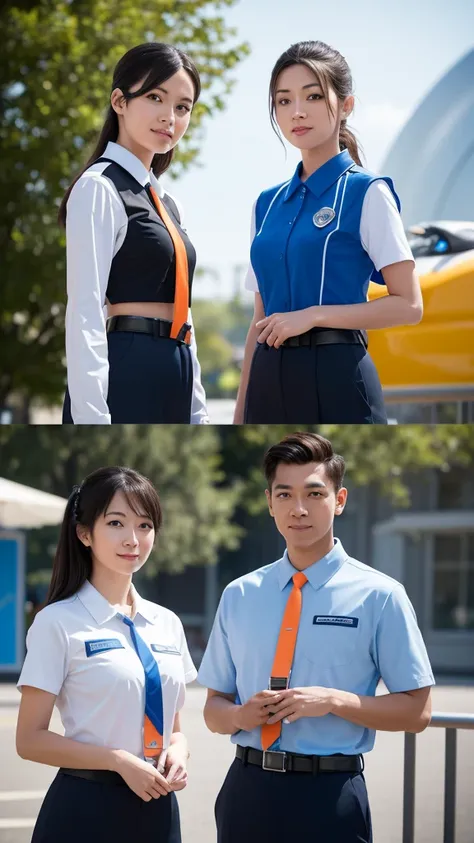 Create an image of two theme park employees standing side by side. They should be wearing matching uniforms that feature a futuristic design with blue as the primary color and orange accents. The uniforms should include black undershirts, black belts, and ...