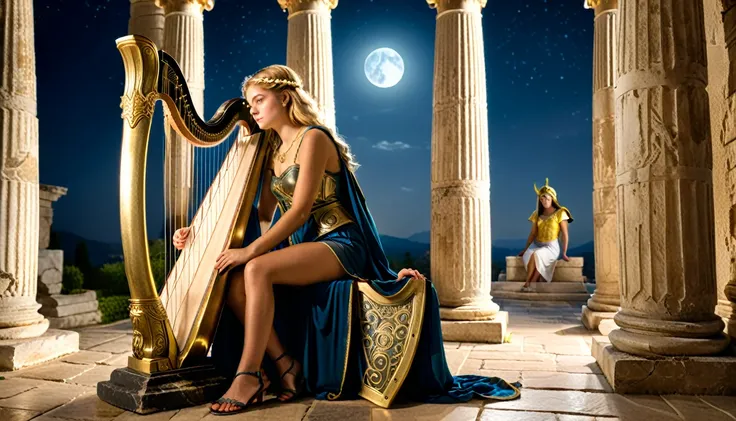 Ancient Greek temple, at night, The girl is facing to the side, with her back slightly visible, and the young man is facing forward, the young man stands, the girl sits, leaning against a pillar, a handsome young man around 20 years old, with loose shoulde...