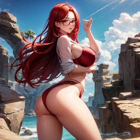 Sexy red hair girl with glasses, busty and big ass, in transparent underwear 