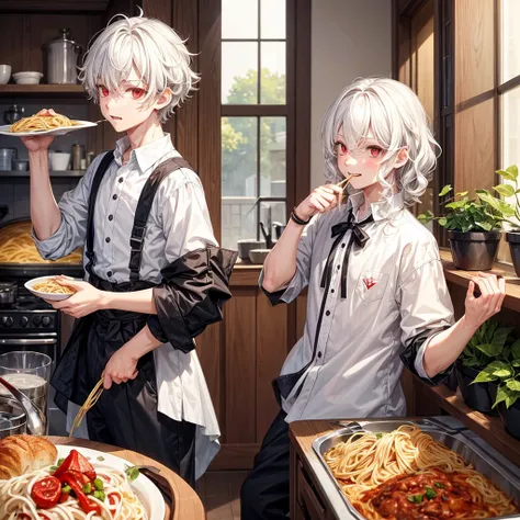 A boy with white hair, red eyes and a little cheerful, he has a uniform medium short hair and he really likes eating pasta and he has a twin sister. His sister is mostly the opposite of him and has long curly hair and is older. that the boy and have casual...