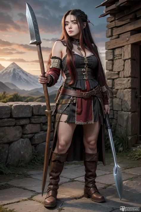 create a medium-sized dwarf with long black hair and red highlights in her hair with an outfit full of full-body blacksmith accessories and an ax in her hand in the Lord of the Rings color digital art style Com mechas de cabelo vermelhas 