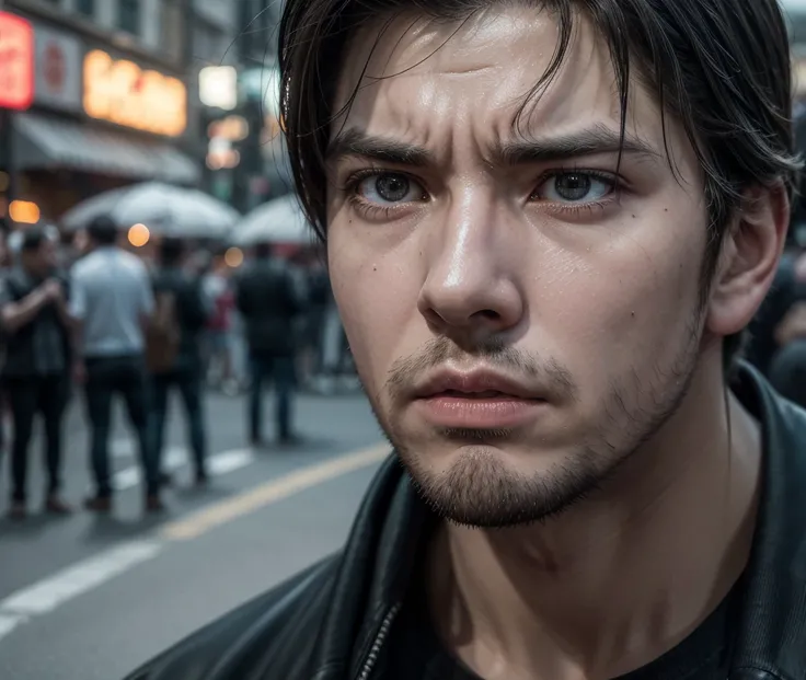 a brave man, a street with many people, bad attitudes, an indignant and shocked man, (best quality,4k,8k,highres,masterpiece:1.2),ultra-detailed,(realistic,photorealistic,photo-realistic:1.37),hyperrealistic, extremely detailed face, detailed facial featur...