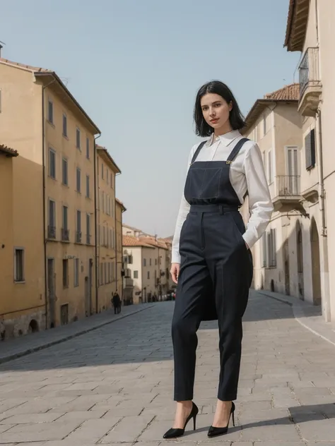 her name is Amelie, high quality, 1girl, ((25-year-old fit Caucasian woman)), ((25 years old)), ((SLIM)), ((Micro Bob dark hair)), pose: standing, wearing Popular Generation-Z modern wear elegant colored, BACKGROUND:"Walking along the city walls, with pano...