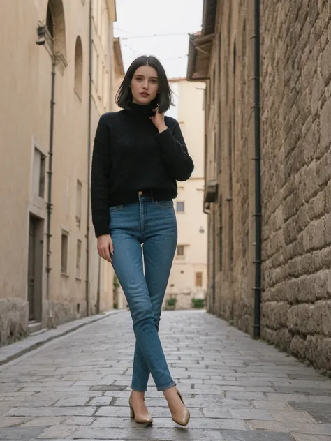 her name is Amelie, high quality, 1girl, ((25-year-old fit Caucasian woman)), ((25 years old)), ((SLIM)), ((Micro Bob dark hair)), pose: standing, wearing Popular Generation-Z modern wear elegant colored, BACKGROUND:"Walking along the city walls, with pano...