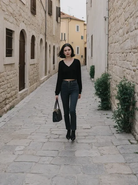 her name is Amelie, high quality, 1girl, ((25-year-old fit Caucasian woman)), ((25 years old)), ((SLIM)), ((Micro Bob dark hair)), pose: standing, wearing Popular Generation-Z modern wear elegant colored, BACKGROUND:"Walking along the city walls, with pano...