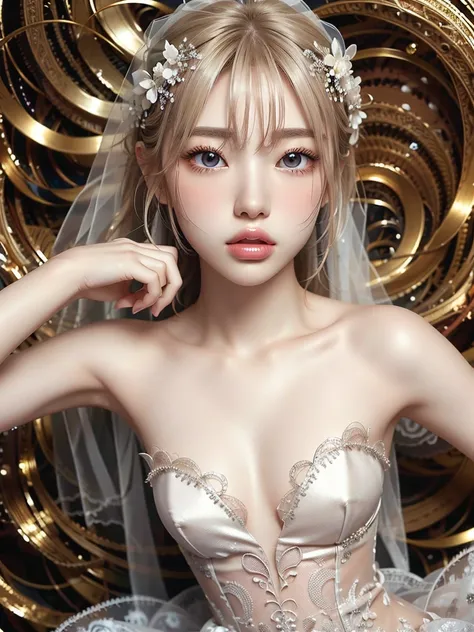 8k,Confused, High resolution, Very detailed, 1 Girl, alone, Very beautiful eyes, Ultra-precise depiction, Very detailed depiction, (Tangled:1.2), , (Abstract background:1.5), (Wedding dress:1.2), See-through、Short platinum blonde, (Shiny skin), Many colors...