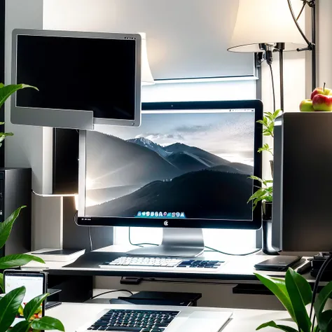 Create an image featuring an Apple monitor prominently displayed, slightly angled to the side, placed on an elegant white desk. Include a keyboard, a mouse, and a few plants to enhance the setting.