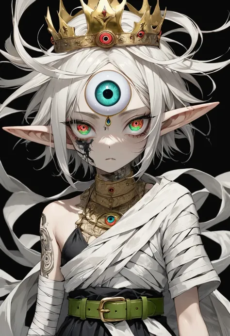 Japanese Anime，Second Dimension，Horror style，horror character，(((Three-eyed boy，独奏，third eye on the forehead，Dark eyeshadow，White short hair，Elf ears，Exaggerated golden crown-eyeball decoration))),(((Wrapped in bandages))).(((Thin waist，Green belt：1.6))).(...