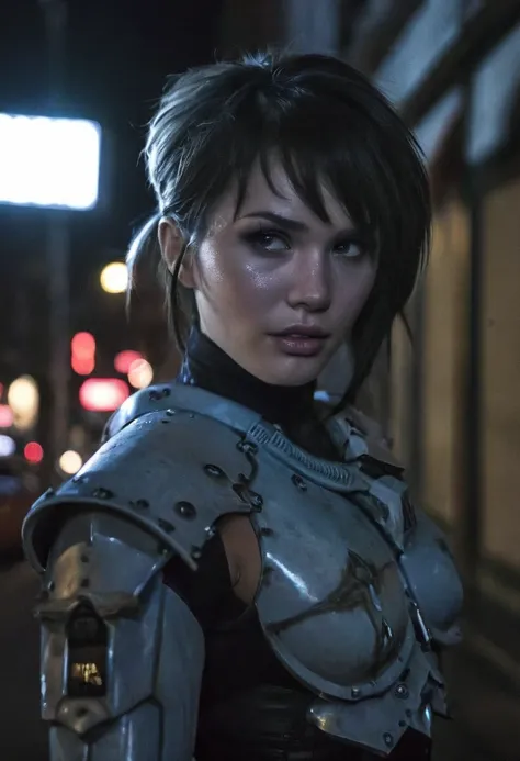 (realistic analog style sharp focus 8k raw photo with soft lighting and high quality:1.1), (hdr film grain:1.2),movie poster, a cute woman wearing a shiny (textured:1.2) (intricate:1.2) cyborgcosplay in a dark street at night, (cinematic hairstyle:1.2)
