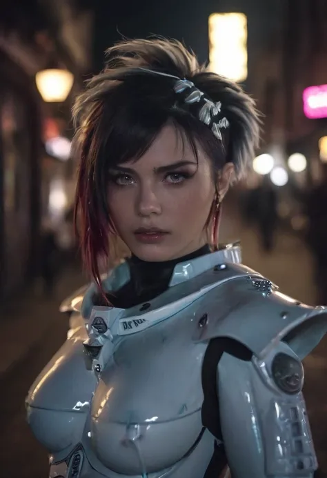 (realistic analog style sharp focus 8k raw photo with soft lighting and high quality:1.1), (hdr film grain:1.2),movie poster, a cute woman wearing a shiny (textured:1.2) (intricate:1.2) cyborgcosplay in a dark street at night, (cinematic hairstyle:1.2)
