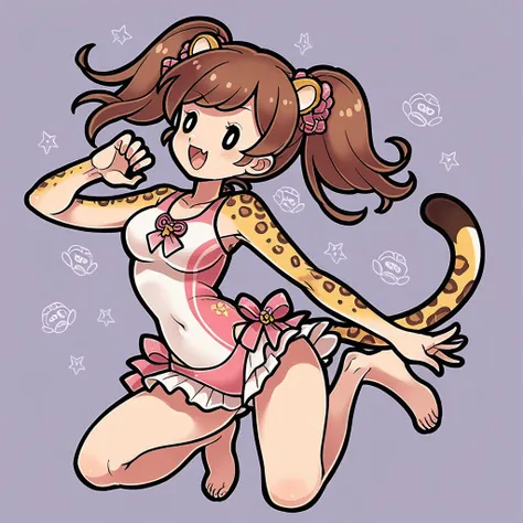 19 years old, female, gravure idol, japanese, pigtails, brown hair, medium breasts, swimsuit, leopard pose