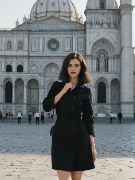 her name is Amelie, high quality, 1girl, ((25-year-old fit Caucasian woman)), ((25 years old)), ((SLIM)), ((Micro Bob dark hair)), pose: standing, wearing Popular Generation-Z modern wear elegant colored, BACKGROUND:"From Piazzale Michelangelo, with an uno...