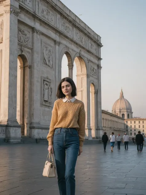 her name is Amelie, high quality, 1girl, ((25-year-old fit Caucasian woman)), ((25 years old)), ((SLIM)), ((Micro Bob dark hair)), pose: standing, wearing Popular Generation-Z modern wear elegant colored, BACKGROUND:"From Piazzale Michelangelo, with an uno...