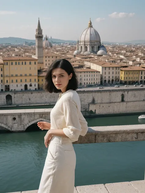 her name is Amelie, high quality, 1girl, ((25-year-old fit Caucasian woman)), ((25 years old)), ((SLIM)), ((Micro Bob dark hair)), pose: standing, wearing Popular Generation-Z modern wear elegant colored, BACKGROUND:"From Piazzale Michelangelo, with an uno...