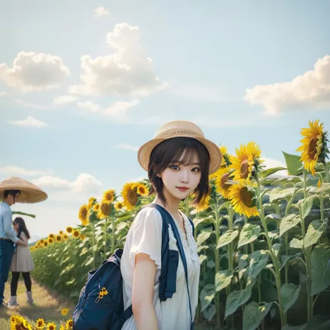 バックパックを背負った女性がsunflower fieldに立っている, beautiful sunflower anime girl, scene : sunflower field, scene: sunflower field, background...