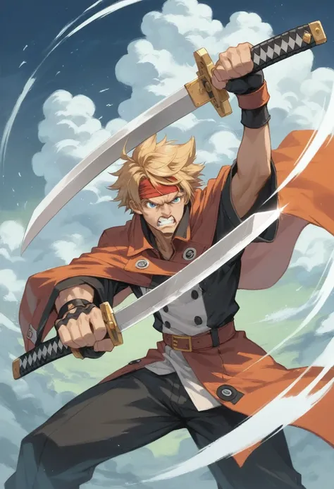 cartoon of a young boy with a sword and a red bandanna, chrono trigger guilty gear style, natalie from epic battle fantasy, guilty gear art style, female protagonist 👀 :8, art style of dark cloud 2, angry character wielding a sword, unsheathing her katana,...