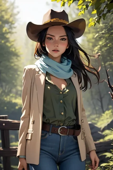 highest quality　high resolution　western wilderness　cute girl in gunfighter clothes　ten-gallon hat　revolver pistols　jeans　gun bel...