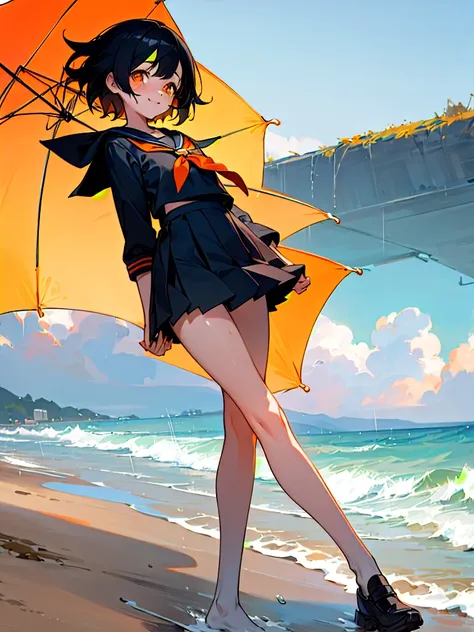 Highest quality,One Girl, Shortcuts,masterpiece, High resolution, Anatomically correct, Orange eyes,far and near method, Anime Style, Black Hair, The legs are detached from the frame, Sailor suit,Pleated skirt,Rainy morning beach, Sunburn,Slanted Eyes, Are...