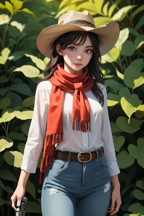 Highest quality　High resolution　Western Wilderness　Cute girl in gunfighter clothes　Ten-gallon hat　Revolver pistols　jeans　gun belt　A scarf is wrapped around the neck　The background is the wilderness:1.8