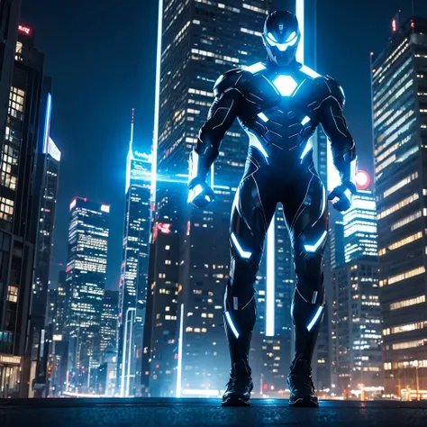 “A powerful superhero standing tall in a futuristic cityscape at dusk. The character has a muscular build, wearing a sleek, high-tech suit in shades of blue and silver, with glowing energy lines running across the suit. He has a determined expression, with...