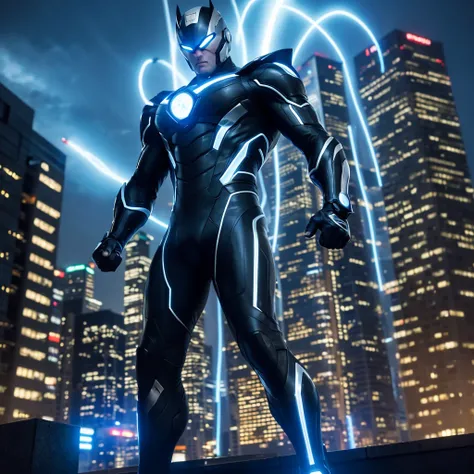 “A powerful superhero standing tall in a futuristic cityscape at dusk. The character has a muscular build, wearing a sleek, high-tech suit in shades of blue and silver, with glowing energy lines running across the suit. He has a determined expression, with...