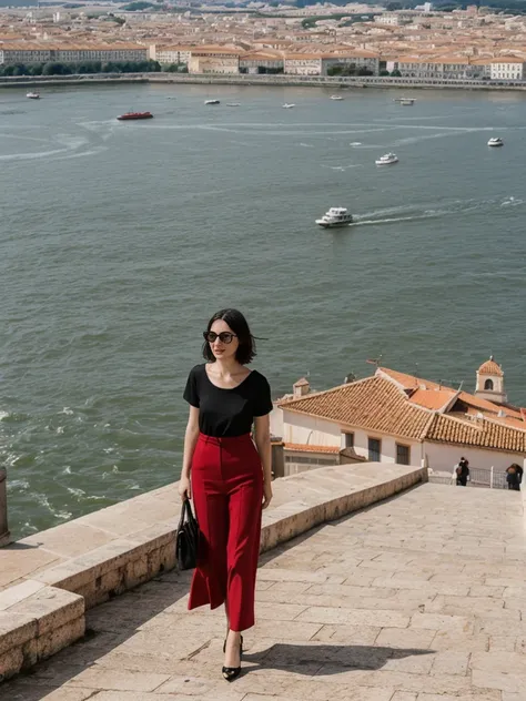 her name is Amelie, high quality, 1girl, ((25-year-old fit Caucasian woman)), ((25 years old)), ((SLIM)), ((Micro Bob dark hair)), pose: standing, wearing Popular Generation-Z modern wear elegant colored, BACKGROUND: "At Miradouro da Senhora do Monte, with...