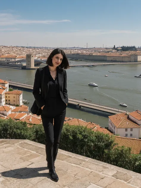 her name is Amelie, high quality, 1girl, ((25-year-old fit Caucasian woman)), ((25 years old)), ((SLIM)), ((Micro Bob dark hair)), pose: standing, wearing Popular Generation-Z modern wear elegant colored, BACKGROUND: "At Miradouro da Senhora do Monte, with...