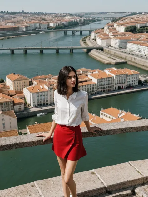 her name is Amelie, high quality, 1girl, ((25-year-old fit Caucasian woman)), ((25 years old)), ((SLIM)), ((Micro Bob dark hair)), pose: standing, wearing Popular Generation-Z modern wear elegant colored, BACKGROUND: "At Miradouro da Senhora do Monte, with...