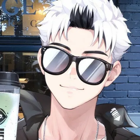 Day man handsome，White hair，Wear sunglasses，Very trendy，avatar，Second Dimension,Smile