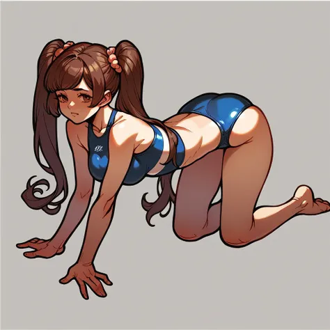 19 years old, female, gravure idol, Japanese, pigtails, brown hair, medium breasts, swimsuit, on all fours, realistic style