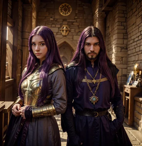 Sully, a picture of two  medieval city, they have long violet hair and violet eyes, and one of them has no beard and the other has a violet beard. Make them wear armor and a golden jewel on their chest.