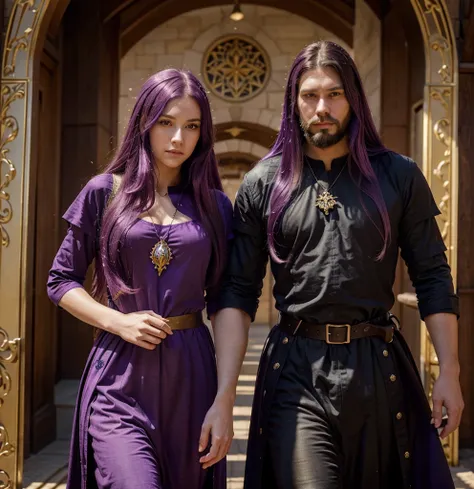 Sully, a picture of two  medieval city, they have long violet hair and violet eyes, and one of them has no beard and the other has a violet beard. Make them wear armor and a golden jewel on their chest.