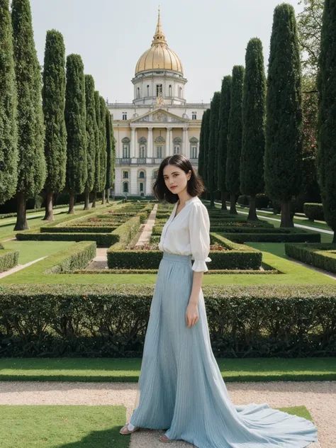 her name is Amelie, high quality, 1girl, ((25-year-old fit Caucasian woman)), ((25 years old)), ((SLIM)), ((Micro Bob dark hair)), pose: standing, wearing Popular Generation-Z modern wear elegant colored, BACKGROUND: "In Schönbrunn Palace Gardens, with the...