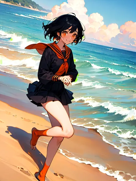 Highest quality,One Girl, Shortcuts,masterpiece, High resolution, Anatomically correct, Orange eyes,far and near method, Anime Style, Black Hair, The legs are detached from the frame, Sailor suit,Pleated skirt,Morning beach, Sunburn,Slanted Eyes, Are cryin...