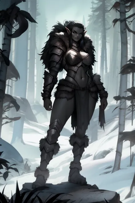 sexy female orc, standing alone, standing alone, (standing alone)(standing alone) wearing fur armor, busty, curved