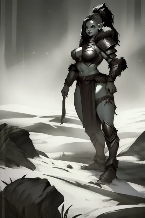 sexy female orc, standing alone, standing alone, (standing alone)(standing alone) wearing fur armor, busty, curved