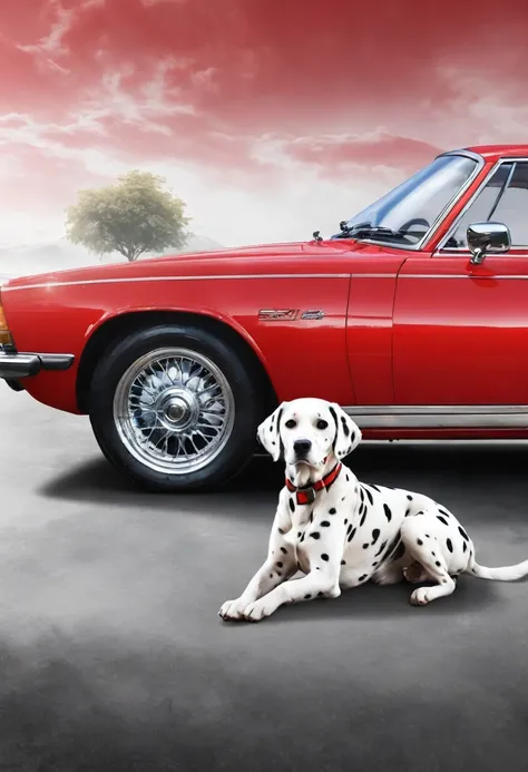 red car driven by a dog, the car is sporty and you can see a Dalmatian, The style is realistic the background is blurred to highlight the dog 24k volume in shadows