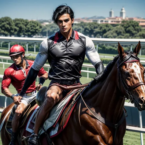 One man that is a muscular, attractive, black hair with somewhat tan skin, brown eyes, sharp jawline, thick eyebrows, racing silks outfit with bright and colorful colors inspired by polo men. Horse race track in the background With people riding horses.