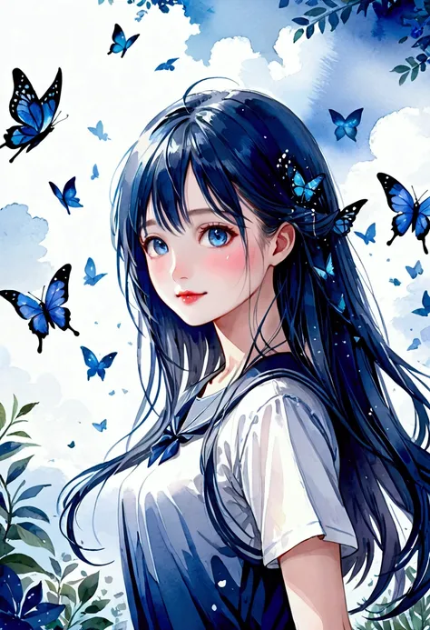 a beautiful 18 year old high school girl, with navy blue hair, in a fantasy blue world, smiling through tears, with blue butterflies flying around, (((watercolor painting style))), (best quality,4k,8k,highres,masterpiece:1.2),ultra-detailed,(realistic,phot...