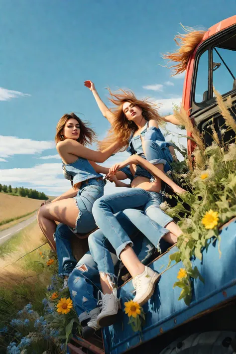 there are two women sitting on the back of a truck, road trip, two models in the frame, by Emma Andijewska, denim, spring season, low view, travellers, by Matija Jama, music video, cute girls, photo shoot, top down shot, photoshoot, album art, true to life...