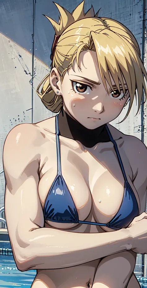 masterpiece, Highest quality, High resolution, One girl, Hamriz, ponytail, Brown eyes,big 、Upper body close-up、Muscular body、blush、Sweat、Composition from the front、anime、(((Micro Bikini)))、Outdoor swimming pool