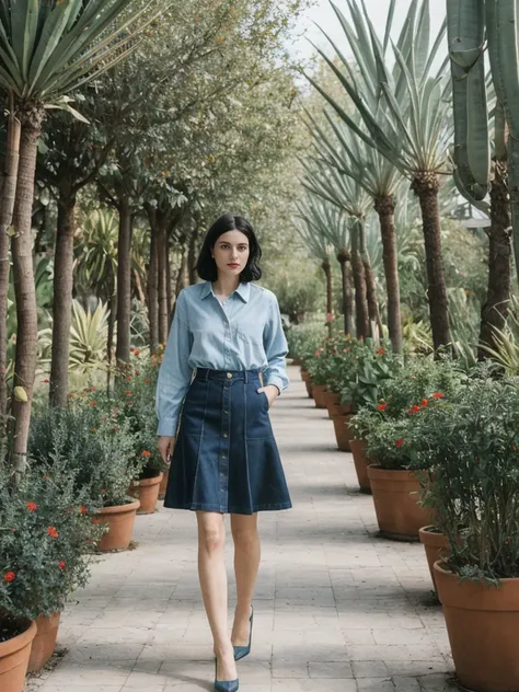 her name is Amelie, high quality, 1girl, ((25-year-old fit Caucasian woman)), ((25 years old)), ((SLIM)), ((Micro Bob dark hair)), pose: standing, wearing Popular Generation-Z modern wear elegant colored, BACKGROUND: "In the Jardin Majorelle, surrounded by...