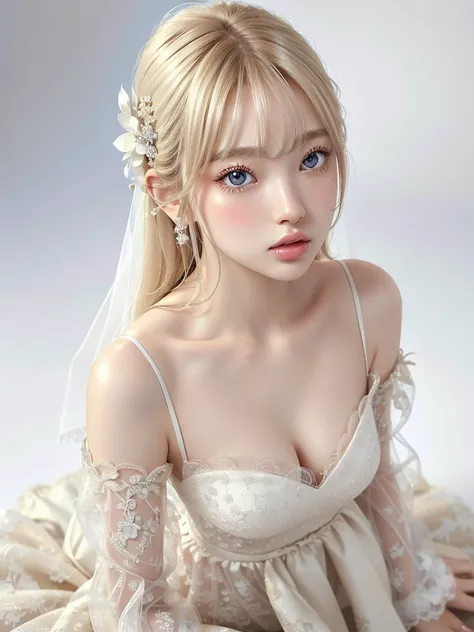 8k,Confused, High resolution, Very detailed, 1 Girl, alone, Very beautiful eyes, Ultra-precise depiction, Very detailed depiction, (Tangled:1.2), , (White high key background:1.5), (Wedding dress:1.2), See-through、Off the shoulder、Short platinum blonde, (S...