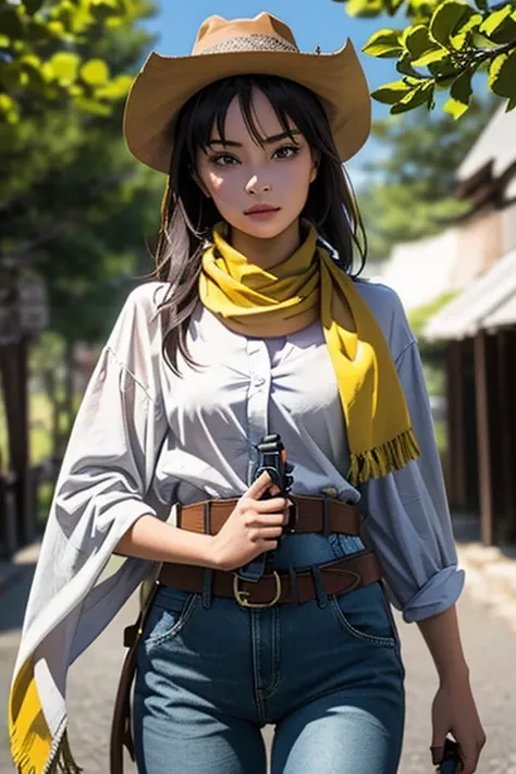 Highest quality　High resolution　Western Wilderness　Cute girl in gunfighter clothes　Ten-gallon hat　Revolver pistols　jeans　gun belt　A scarf is wrapped around the neck　The background is the wilderness:1.8