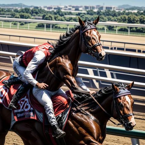 One man that is a muscular, attractive, black hair with somewhat tan skin, brown eyes, sharp jawline, thick eyebrows, racing silks outfit with bright and colorful colors: Horse race track in the background With people riding horses.