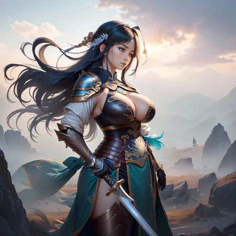 a woman in armor holding a sword and a feather, zhao yun, by Ju Lian, by Qu Leilei, chinese warrior, inspired by Shen Zhou, inspired by Li Mei-shu, by Li Zai, g liulian art style, a beautiful woman warrior, inspired by Li Rongjin, inspired by Ju Lian, beau...